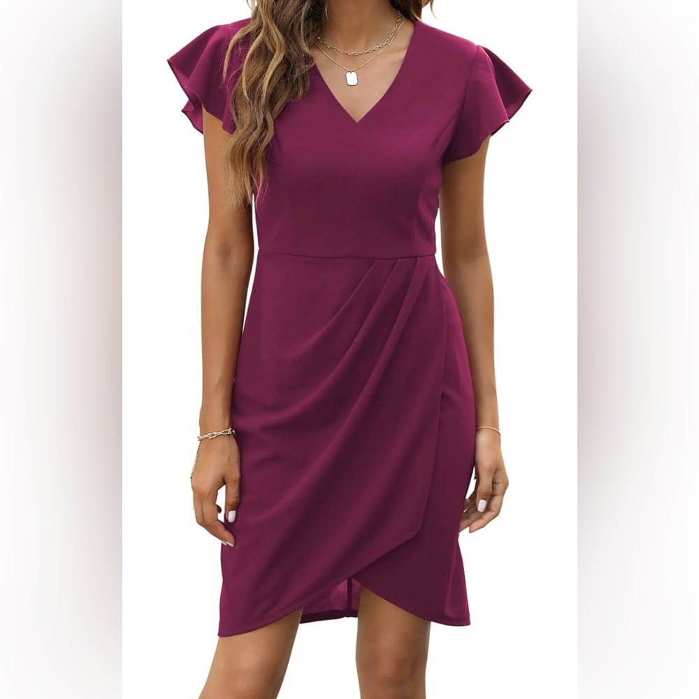Manydress Women's Flutter Sleeve Bodycon V Neck Summer Dress Wrap Ruched